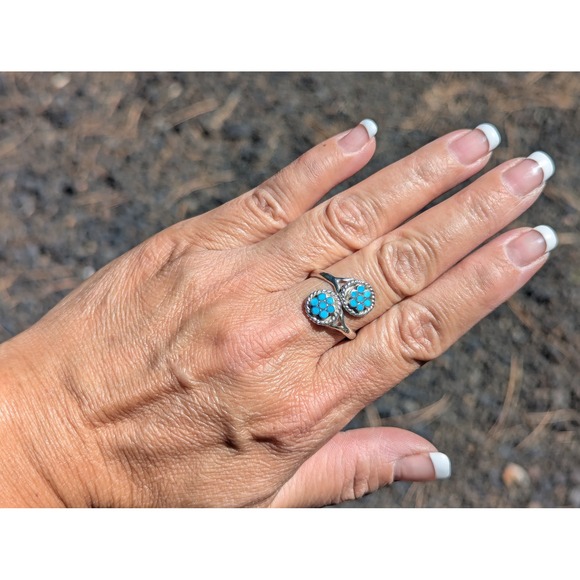 Zuni Flower Turquoise Bypass Ring Semi Adjustable NA Sterling Silver Sz 8.5US ** - Picture 6 of 10